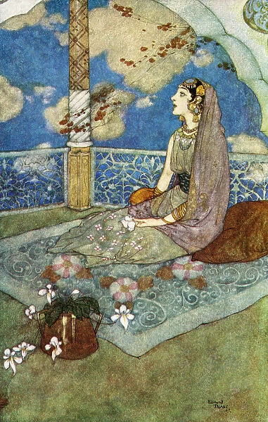 And Ever With The Tears Falling Down From Her Eyes She Sighed And Sang. Illustration By Edmund Dulac For The Story Of The Magic Horse. From The Arabian Nights, Published 1938