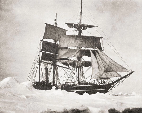 Terra Nova, captive in heavy ice pack. After a photograph taken by Ponting. The Terra Nova was the supply ship in Robert Falcon Scotts Antarctic Expedition, 1910-1913. From British Polar Explorers, published 1943