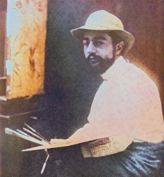 Toulouse-Lautrec in his studio, circa 1890. Henri Toulouse-Lautrec, 1864 - 1901, French Post-Impressionist artist. Later colorization