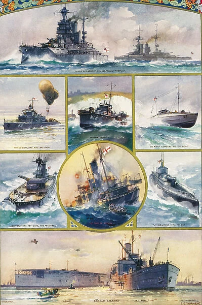 Types Of British Warships Brought Into Being By The Great War. From Top, Left To Right. Queen Elizabeth And Her Dummy Replica, Patrol Boat And Kite Balloon, Motor Launch, 35 Knot Coastal Motor Boat, Monitor With 15'Guns And Bulges, 'q'Ship In Action, 'm'Submarine With 12'Gun, Engadine, Argus, Aircraft Carriers, Ark Royal, Pegasus. From The Illustrated London News, Silver Jubilee Record Number, 1910 - 1935