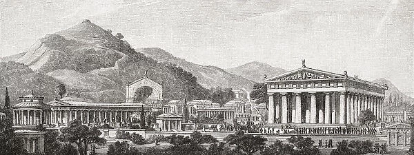 View of Olympia, Greece, as it may have looked during the 5th and 4th centuries Classical Period. The building on the right is the Temple of Zeus. After a work by R. Bohn; Illustration