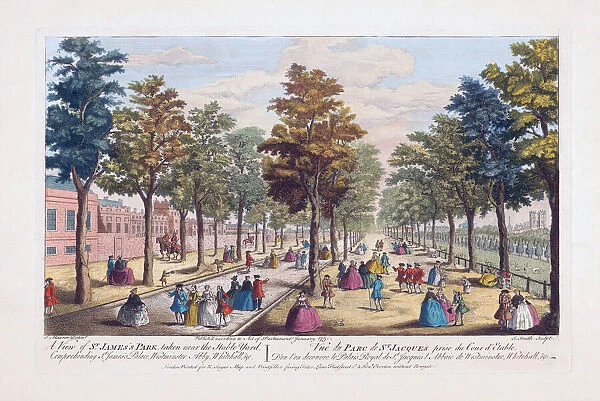 A View of St. Jamess Park taken near the Stable Yard, Comprehending St. Jamess Palace, Westminster Abby, Whitehall etc. After a hand-coloured engraving published circa 1750