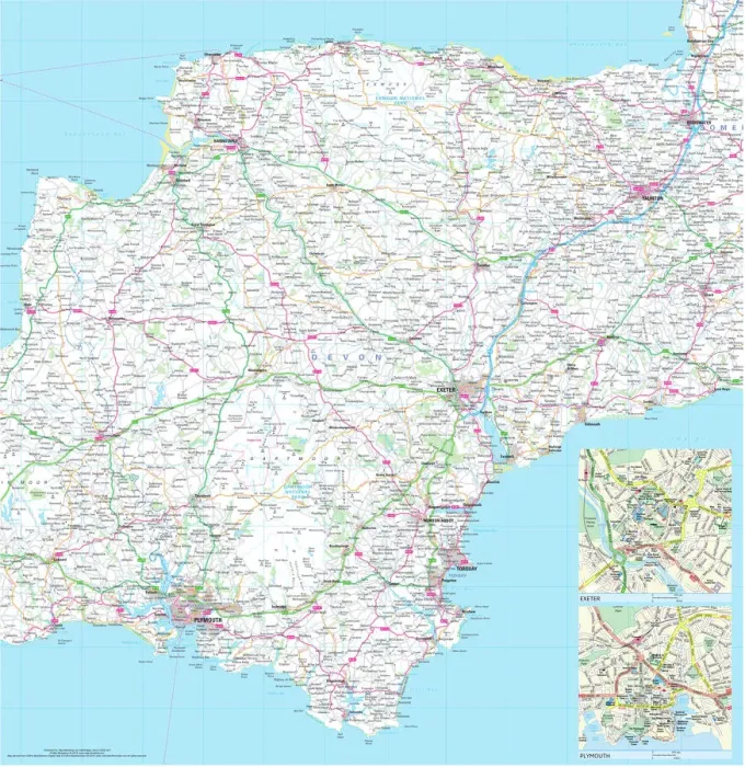 Framed Print : Devon County Road Map Print Framed Print : Devon County Road Map Print