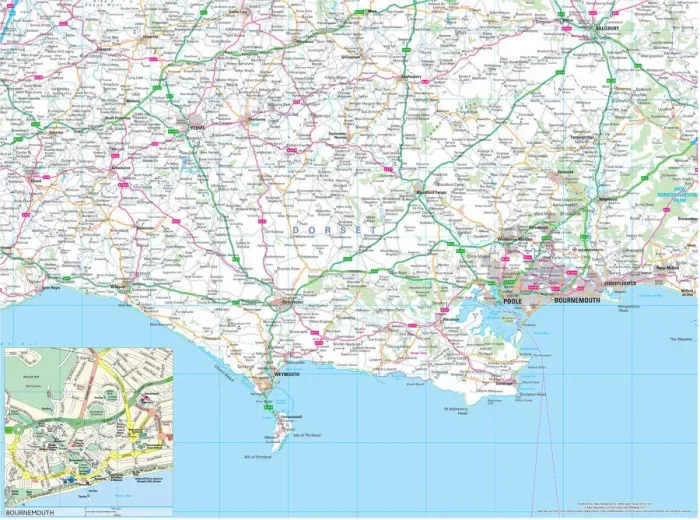 Framed Print : Dorset County Road Map Print Framed Print : Dorset County Road Map Print