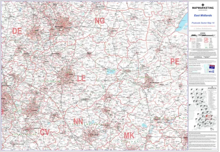 Framed Print : East Midlands Postcode Sector Map Print Framed Print : East Midlands Postcode Sector Map Print