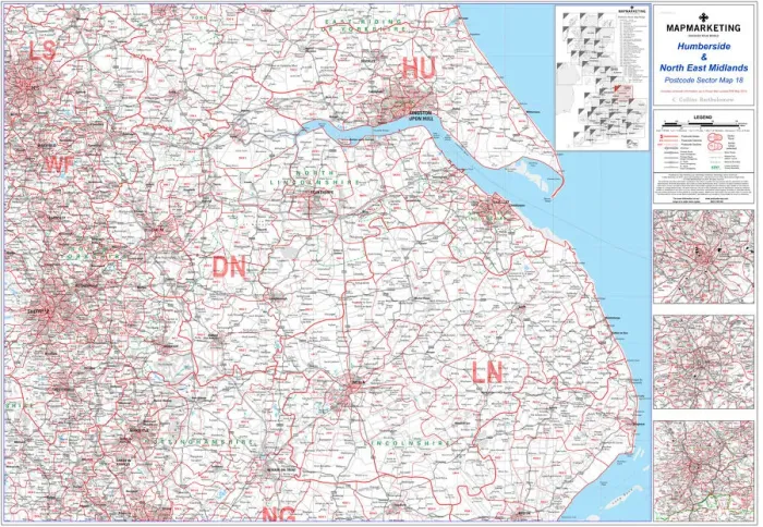 Framed Print : Humberside and North East Midlands Postcode Sector Print Map Framed Print : Humberside and North East Midlands Postcode Sector Print Map