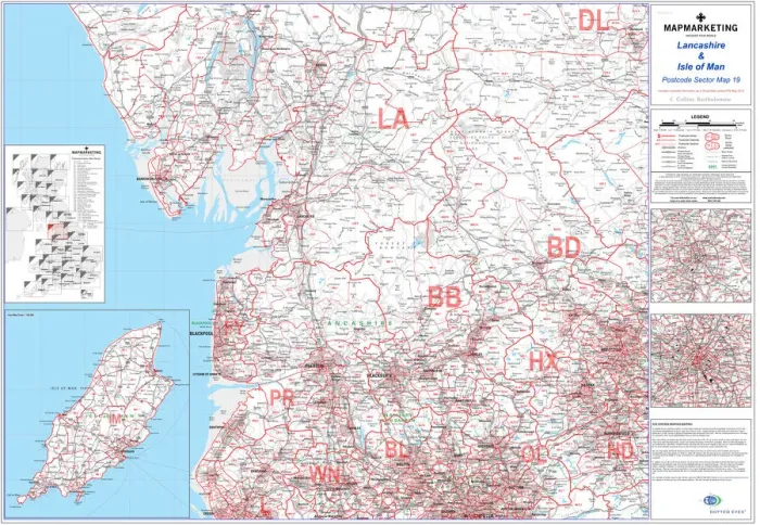 Framed Print : Lancashire and Isle of Man Postcode Sector Map Print Framed Print : Lancashire and Isle of Man Postcode Sector Map Print