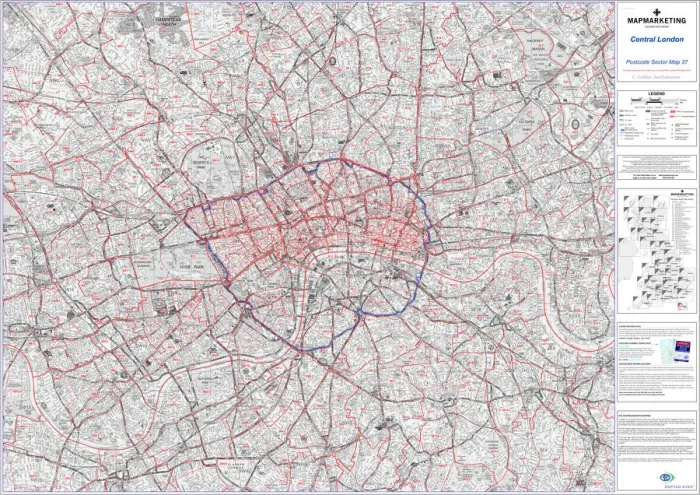 Framed Print : Central London Postcode Sector Map Print (Sheet 37) Framed Print : Central London Postcode Sector Map Print (Sheet 37)