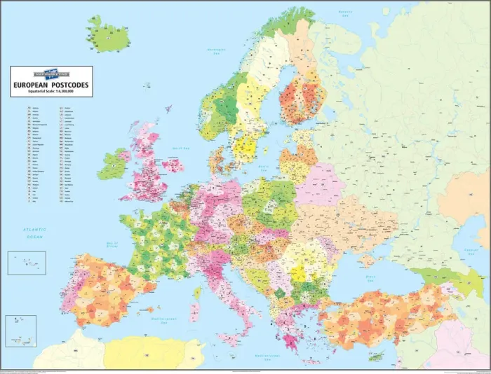 Framed Print : Colour-coded European Postcode Map Print Framed Print : Colour-coded European Postcode Map Print