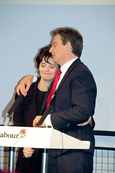 1997 General Election Labour Victory party. Tony Blair and Cherie Blair on stage holding