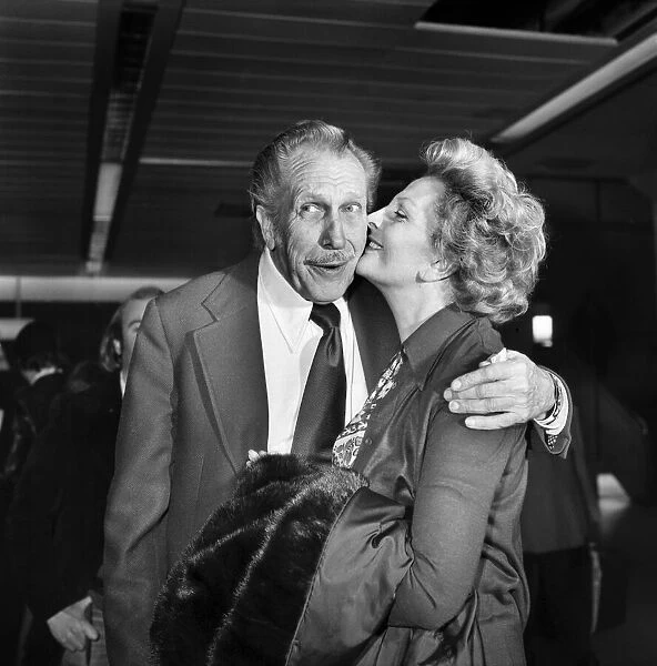 Actor Vincent Price was met at Heathrow Airport by his wife, actress Coral Browne. Mr