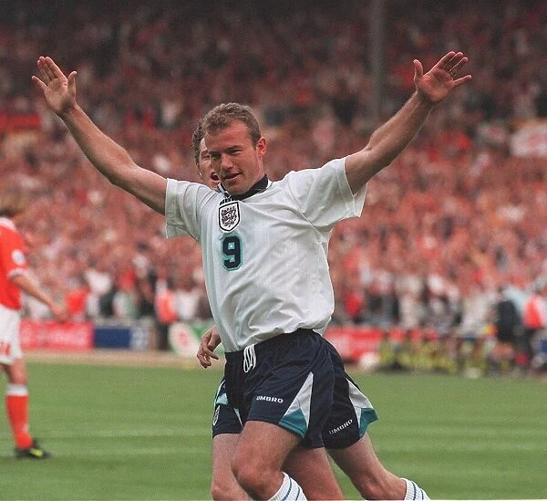 Alan Shearer celebrates Englands first goal against Holland in their euro 96 clash at