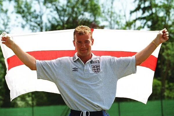 Alan Shearer England striker poses with the traditional English flag before the England v
