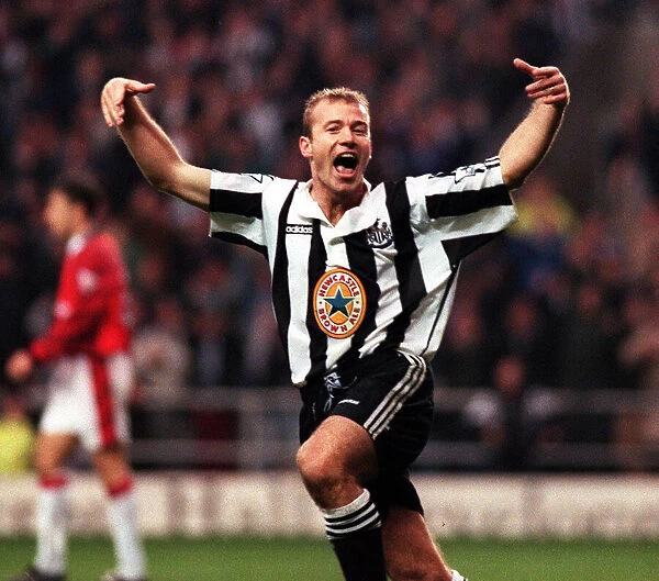 Alan Shearer of Newcastle United celebrates as his team win 5-0 against Manchester United
