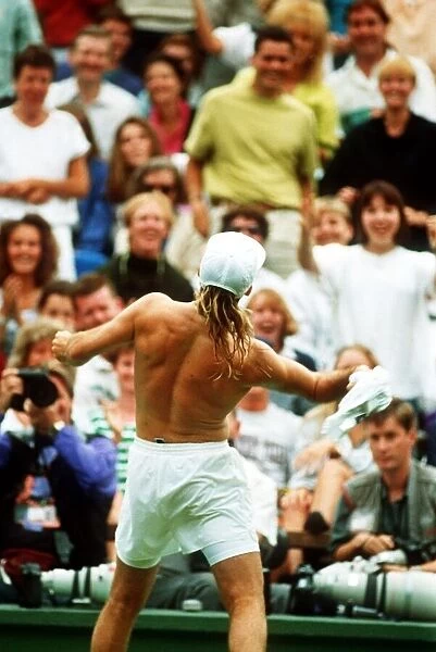 Andre Agassi celebrates his win in the Wimbledon Mens Singles Final 1992