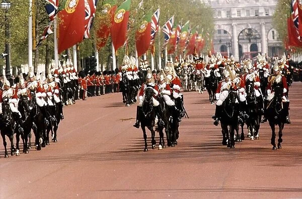 Army Regiments Household Cavalry marching for the state visit of President Soares of