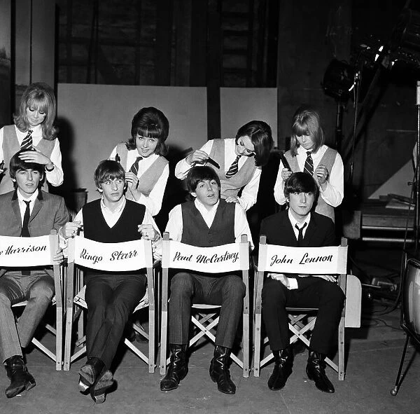 The Beatles being groomed at Twickenham Film Studios by Pattie Boyd