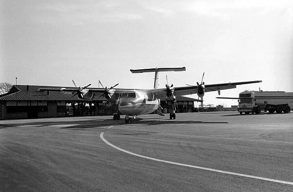 A Brymon airlines Dash 7 aircraft at London City Airport. February 1987