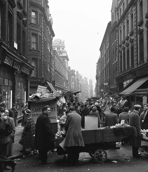 Busy scene at Rupert Street market in Soho, London. Circa 1955