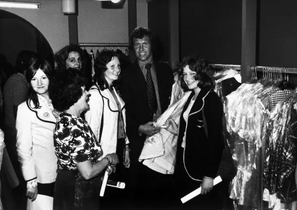 Chelsea footballer Peter Osgood opening his Boutique, accompanied by Chelsea players