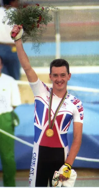 Chris Boardman Cycling at the award ceremony after winning a gold medal at the 1992