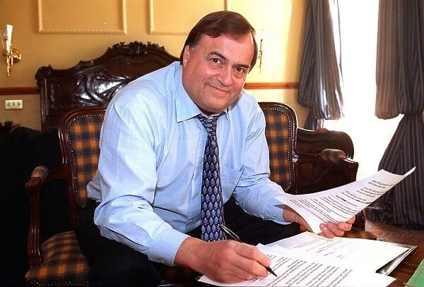 Deputy Prime Minister John Prescott seen here working on a speech during a visit to