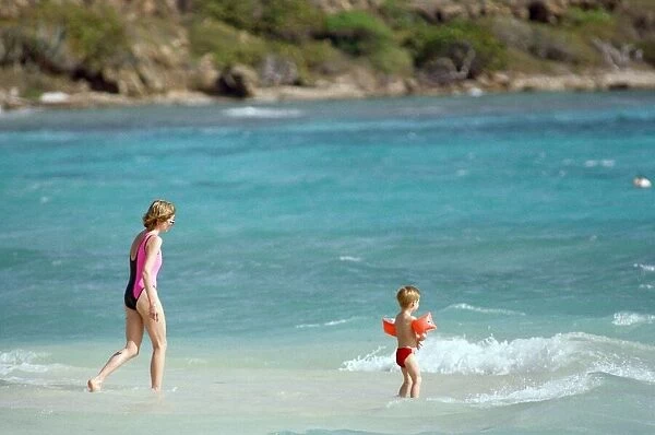 Diana, Princess of Wales on holiday with her son Prince Harry on the British Virgin