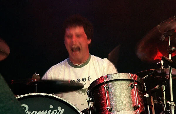 Drummer of the Stereophonics at T in the Park mouth open mid song Jull 1999