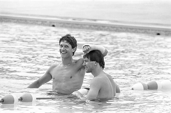 England footballers Gary Lineker and Bryan Robson in the swimming pool at the Cima Club