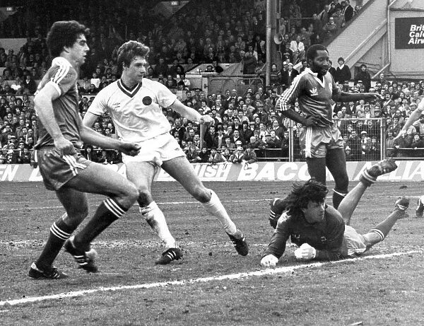 Everton footballer Kevin Sheedy score past Brighton goalkeeper Graham Mosely to give his