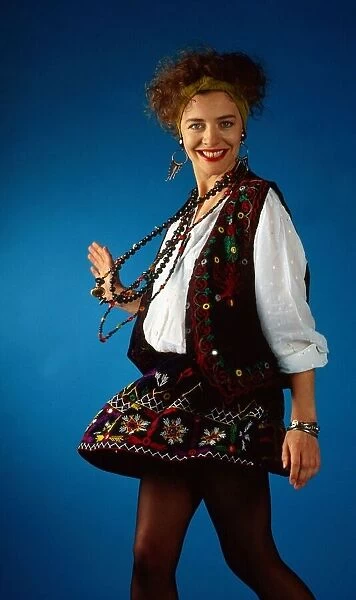 Fiona Corke modelling skirt and waistcoat September 1989