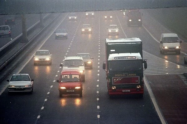 Fog weather M8 motorway 13th December 1999 foggy weather trucvks cars lorries