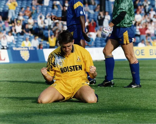 Gary Lineker of Tottenham Hotspur celebrates after scoring one of his four goals during