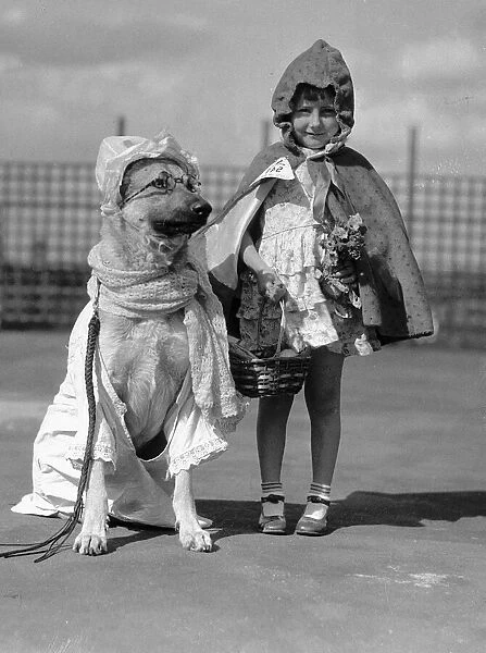 Girl and Dog dressed up as little red riding hood and wolf. 15th June 1935