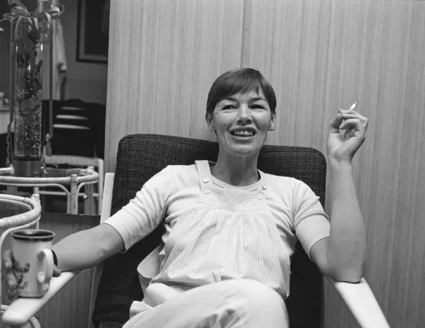 Glenda Jackson, actor, pictured enjoying a drink, a cigarette and a moment