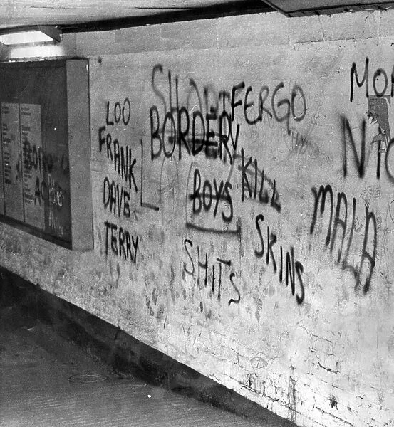 Graffiti in the subway beneath Middlesbrough railway station. October 1972