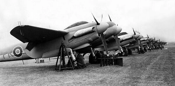 De Havilland Mosquito aircraft lined up at RAF Acklington in readiness for the Battle of