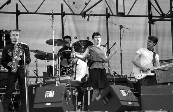 Hazel O Connor performs on stage with her band Megahype at the outdoor concert in