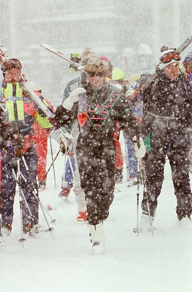 HRH The Princess of Wales, Princess Diana, enjoys a ski holiday in Lech, Austria