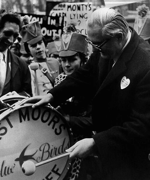 James Callaghan Labour MP bangs the drum of 14 year old Drummer Clive Fairclough 1974