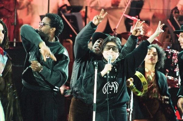 John Lennon Memorial Concert held at Pier Head, Liverpool. Yoko Ono on stage