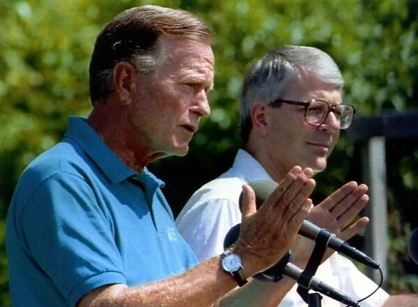 John Major MP with President George Bush at a press confrence at the presidents vacation