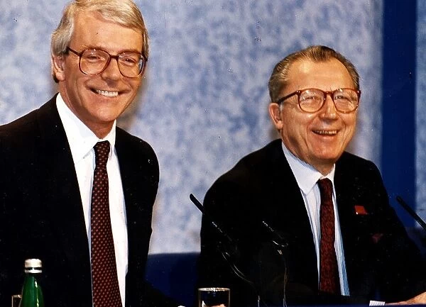 John Major Prime Minister at European Summit press conference shares a joke with Jacques
