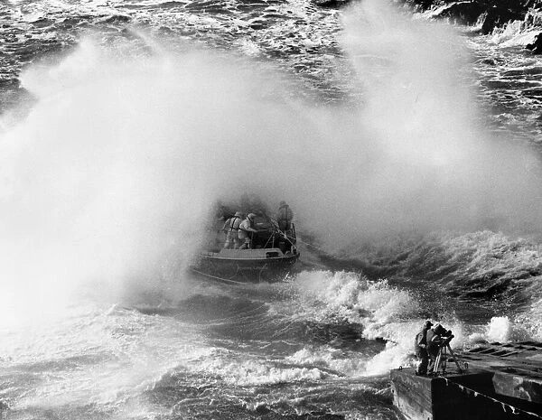 Lifeboat being launched at Tenby Lifeboat Launch Station, South Wales. 17th November 1993