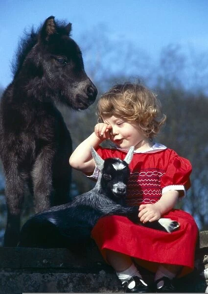 Little girl hugging pygmy goat kid with miniature horse April 1981
