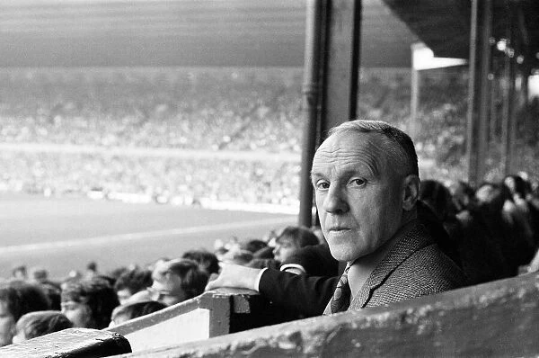 Liverpool manager Bill Shankly watching his team in action from the stands, April 1974
