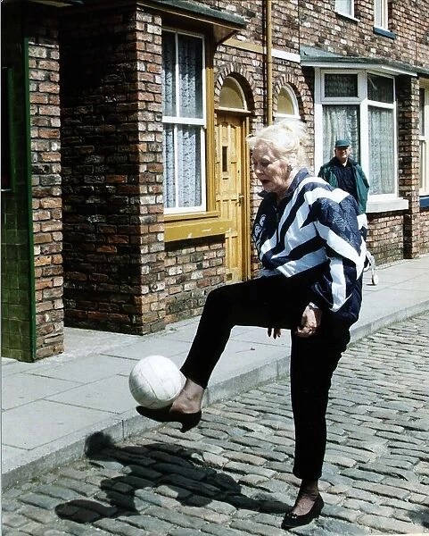 Liz Dawn Actress who plays the part of Vera Duckworth in Coronation Street kicks football