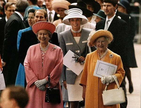 Her Majesty Queen Elizabeth II, Princess Diana and the Queen Mother smile as they attend