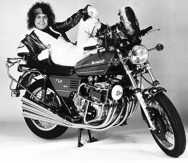 Marc Bolan pop singer with Benelli 750 motorbike in 1976