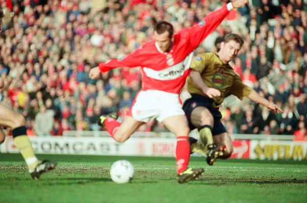 Marco Branca scores the first goal for Middlesbrough against Sunderland at The Riverside